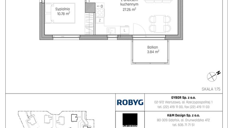 Rzut - Mieszkanie na sprzedaż 2 pokoje o powierzchni 46,88 m² - numer B5.1M02 w ROSA Residence etap II