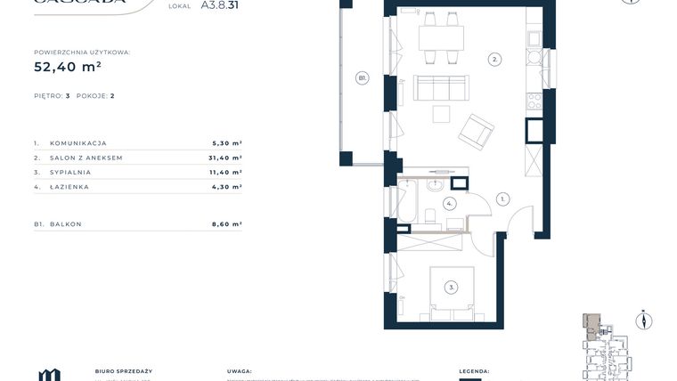 Rzut - Mieszkanie na sprzedaż 2 pokoje o powierzchni 52,4 m² - numer A3.8.31 w Cascada
