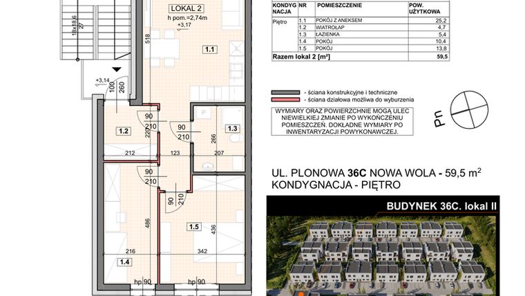Rzut - Mieszkanie na sprzedaż 3 pokoje o powierzchni 59,5 m² - numer 36C/2 w Zespół willowy Zielona Polana - etap 6