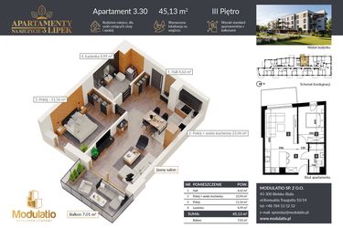 Rzut - Mieszkanie na sprzedaż 2 pokoje o powierzchni 45,13 m² - numer A.3.30 w Apartamenty na Szczycie 3 Lipek