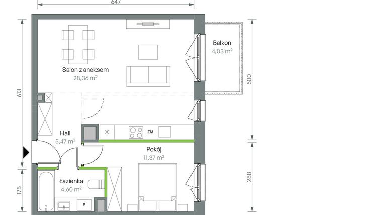 Rzut - Mieszkanie na sprzedaż 2 pokoje o powierzchni 49,8 m² - numer 3/B/3/56 w Oliwska Vita