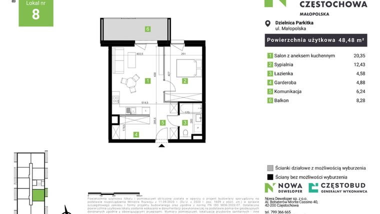 Rzut - Mieszkanie na sprzedaż 2 pokoje o powierzchni 48,48 m² - numer D8 w Nowa Częstochowa Małopolska etap II