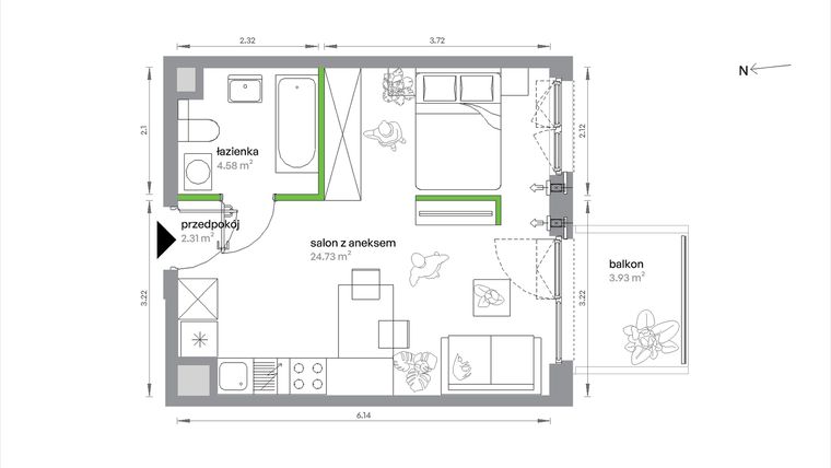 Rzut - Mieszkanie na sprzedaż 1 pokój o powierzchni 31,62 m² - numer 2/A/3/4 w Sochaczewska Vita