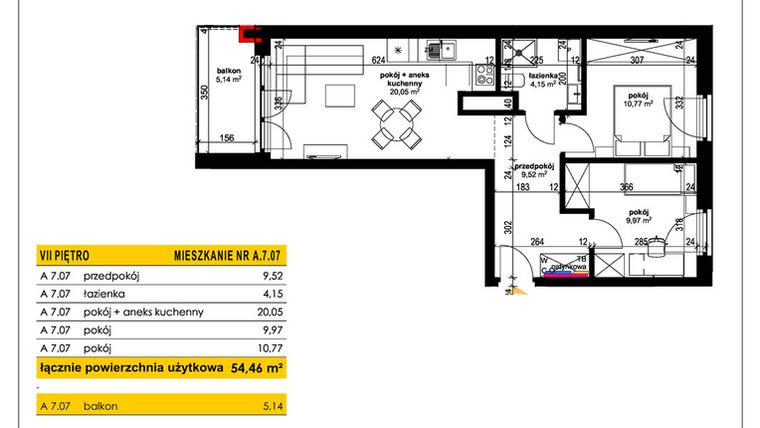 Rzut - Mieszkanie na sprzedaż 3 pokoje o powierzchni 54,46 m² - numer A 7.07 w Park Moniuszki II C