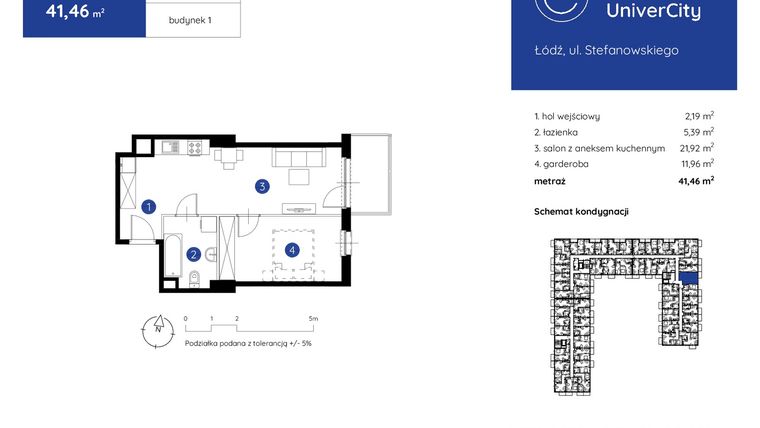 Rzut - Mieszkanie na sprzedaż 1 pokój o powierzchni 41,46 m² - numer 1.C.5.11 w Murapol UniverCity