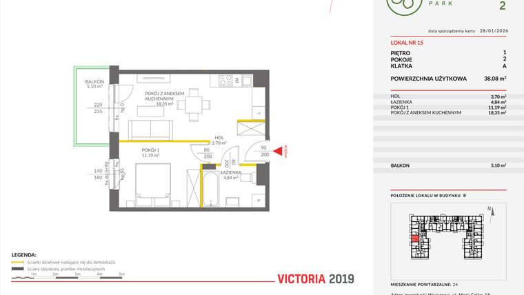 Rzut - Mieszkanie na sprzedaż 2 pokoje o powierzchni 38,08 m² - numer B.15 w Olchowy Park II