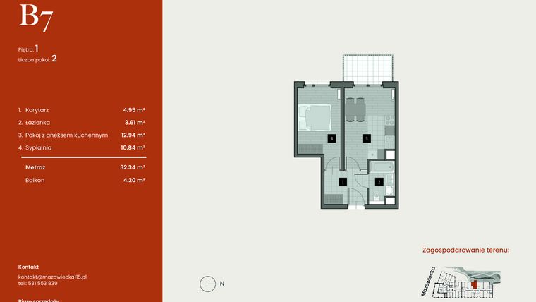 Rzut - Mieszkanie na sprzedaż 2 pokoje o powierzchni 32,34 m² - numer B7 w Mazowiecka 115