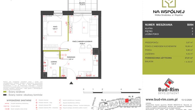 Rzut - Mieszkanie na sprzedaż 2 pokoje o powierzchni 37,01 m² - numer 94 w Na Wspólnej