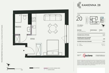 Rzut - Mieszkanie na sprzedaż 1 pokój o powierzchni 34,75 m² - numer 4.20 w Kamienna 28 - apartamenty inwestycyjne