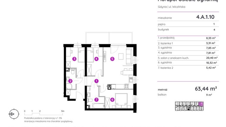 Rzut - Mieszkanie na sprzedaż 4 pokoje o powierzchni 63,44 m² - numer 4.A.1.10 w Murapol Osiedle Dynamiq