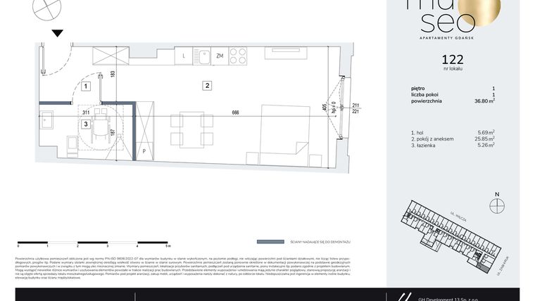 Rzut - Mieszkanie na sprzedaż 1 pokój o powierzchni 36,8 m² - numer 122 w Museo