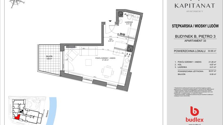 Rzut - Mieszkanie na sprzedaż 1 pokój o powierzchni 30,98 m² - numer 33.B w Kapitanat Apartamenty