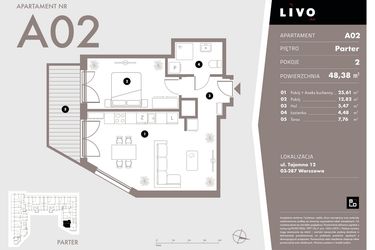 Rzut - Mieszkanie na sprzedaż 2 pokoje o powierzchni 48,38 m² - numer A02 w Livo