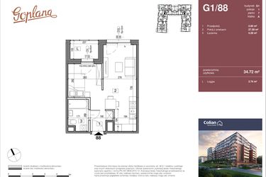 Rzut - Mieszkanie na sprzedaż 1 pokój o powierzchni 34,72 m² - numer G1/88 w Goplana budynek G