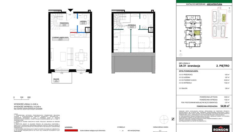 Rzut - Mieszkanie na sprzedaż 3 pokoje o powierzchni 39,08 m² - numer 3A_31 w Nowa Północ etap 2