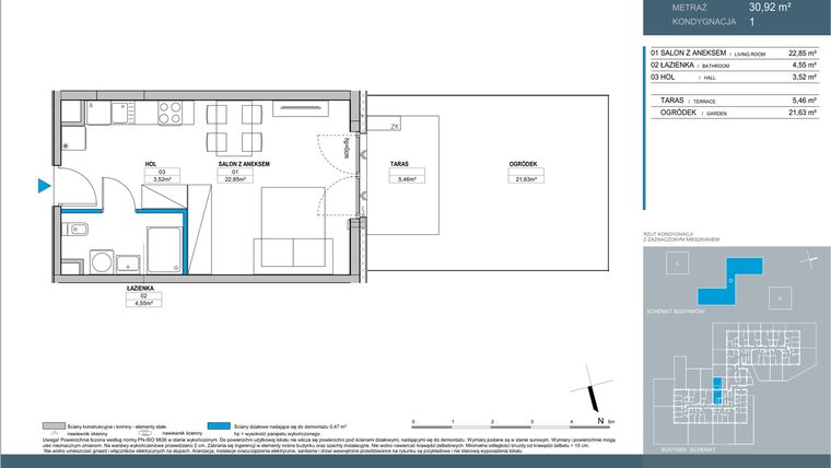 Rzut - Mieszkanie na sprzedaż 1 pokój o powierzchni 30,92 m² - numer D1.1.08 w Nordic Bemowo - etap IV