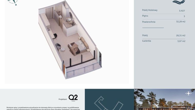 Rzut - Mieszkanie na sprzedaż 1 pokój o powierzchni 32,28 m² - numer 3.H27 w Linea Mare - apartamenty inwestycyjne