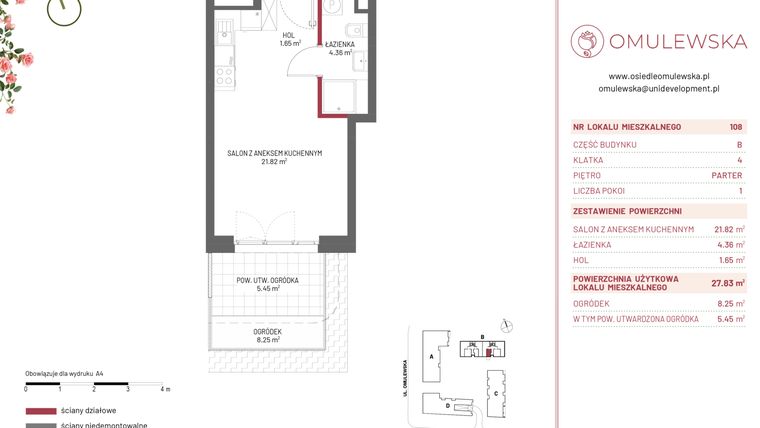Rzut - Mieszkanie na sprzedaż 1 pokój o powierzchni 27,83 m² - numer B/108 w Omulewska
