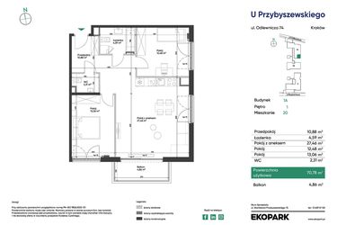 Rzut - Mieszkanie na sprzedaż 3 pokoje o powierzchni 70,78 m² - numer 1A_M20 w U Przybyszewskiego etap 4