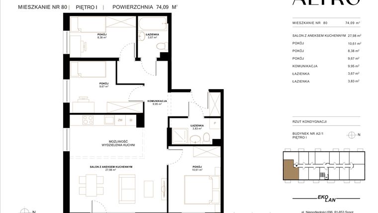 Rzut - Mieszkanie na sprzedaż 4 pokoje o powierzchni 74,09 m² - numer A2.1.80 w Altro A2/1
