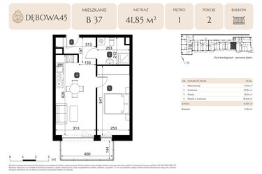 Rzut - Mieszkanie na sprzedaż 2 pokoje o powierzchni 41,85 m² - numer B.37 w Dębowa 45