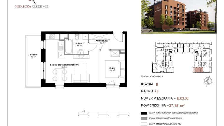 Rzut - Mieszkanie na sprzedaż 2 pokoje o powierzchni 37,57 m² - numer B-03-05 w Siedlecka Residence