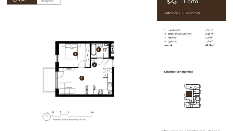 Rzut - Mieszkanie na sprzedaż 2 pokoje o powierzchni 42,13 m² - numer 1.A.1.04 w Murapol Corfa