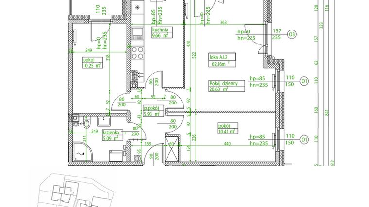 Rzut - Mieszkanie na sprzedaż 3 pokoje o powierzchni 62,12 m² - numer A.I.2 w Villa Rosenthal