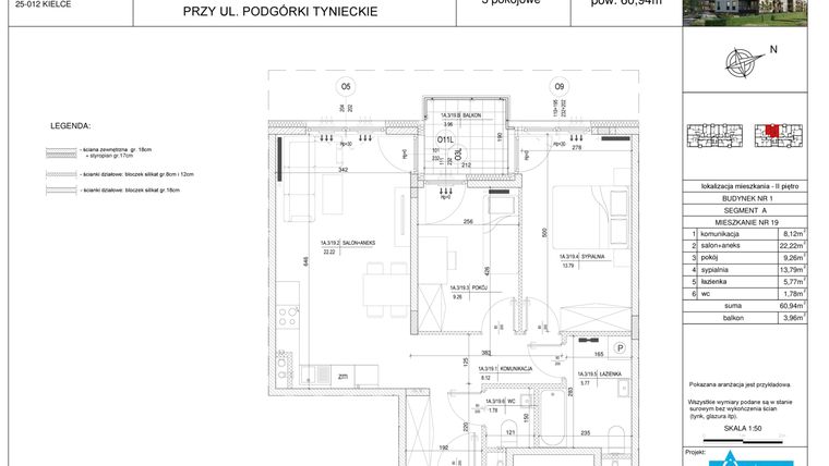 Rzut - Mieszkanie na sprzedaż 3 pokoje o powierzchni 60,94 m² - numer A19 w Podgórki Tynieckie