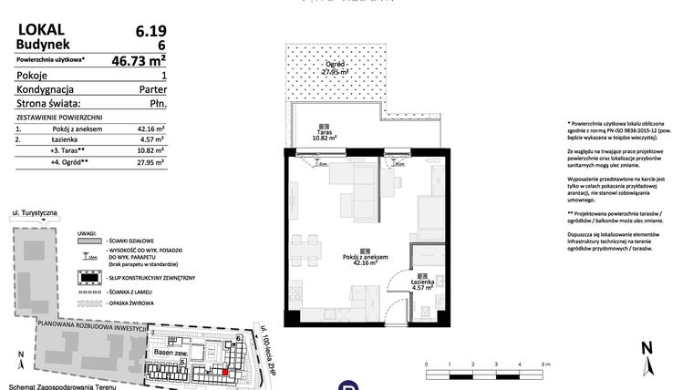 Rzut - Mieszkanie na sprzedaż 2 pokoje o powierzchni 46,73 m² - numer 6.19 w Pino Resort