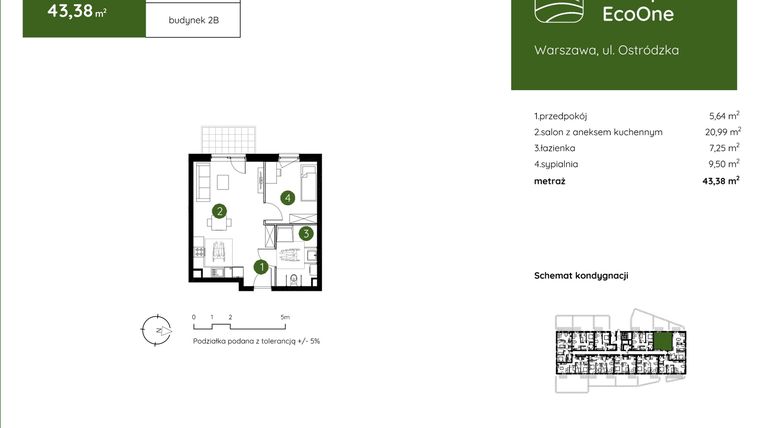 Rzut - Mieszkanie na sprzedaż 2 pokoje o powierzchni 43,38 m² - numer 2.B.0.02 w Murapol EcoOne
