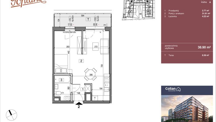 Rzut - Mieszkanie na sprzedaż 1 pokój o powierzchni 38,9 m² - numer G1/2 w Goplana budynek G