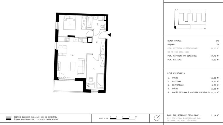 Rzut - Mieszkanie na sprzedaż 3 pokoje o powierzchni 54,73 m² - numer 4.A13-175 w Jurowiecka 22
