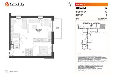 Rzut - Mieszkanie na sprzedaż 3 pokoje o powierzchni 50,89 m² - numer 17 w Locus 2 bud. B2