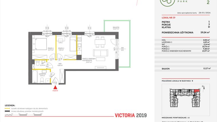 Rzut - Mieszkanie na sprzedaż 3 pokoje o powierzchni 59,22 m² - numer B.59 w Olchowy Park II