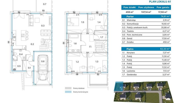 Rzut - Dom na sprzedaż 5 pokoi o powierzchni 137,14 m² - numer A1 w Domy Łozina