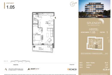 Rzut - Mieszkanie na sprzedaż 2 pokoje o powierzchni 42,38 m² - numer 1.5 w Splendit Świnoujście
