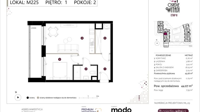 Rzut - Mieszkanie na sprzedaż 2 pokoje o powierzchni 44,07 m² - numer M225 w Osiedle Witaj etap II