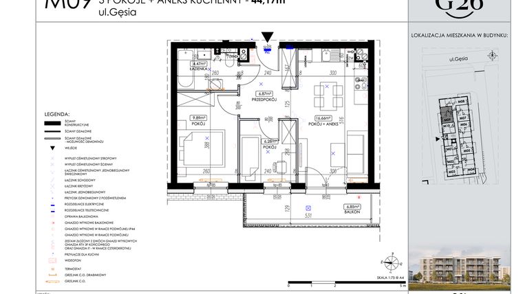 Rzut - Mieszkanie na sprzedaż 3 pokoje o powierzchni 44,17 m² - numer 9 w Gęsia 26