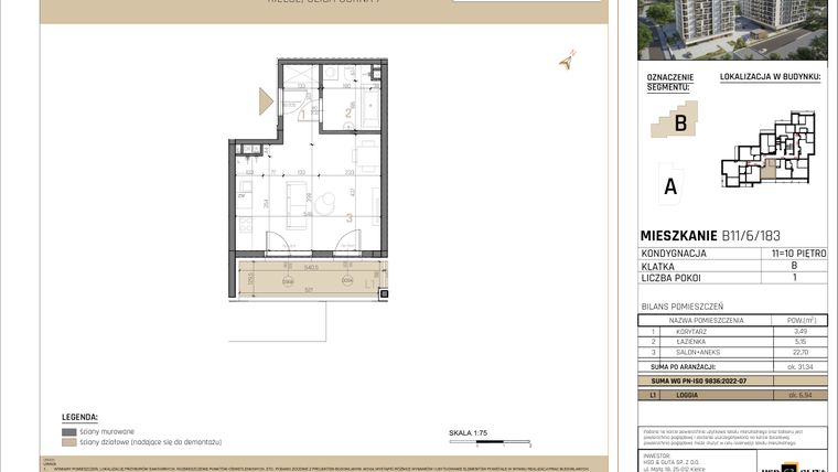 Rzut - Mieszkanie na sprzedaż 1 pokój o powierzchni 31,34 m² - numer B11/6/183 w GEMINI G-7