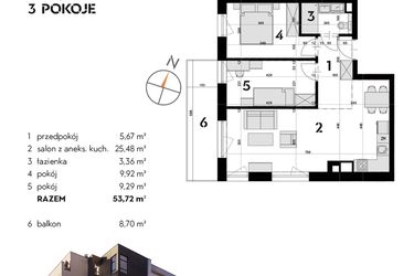 Rzut - Mieszkanie na sprzedaż 3 pokoje o powierzchni 53,72 m² - numer OK-08 w OKI DOKI