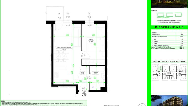 Rzut - Mieszkanie na sprzedaż 2 pokoje o powierzchni 38,01 m² - numer 2.8. w City Park Apartments