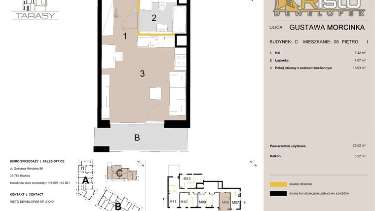 Rzut - Mieszkanie na sprzedaż 1 pokój o powierzchni 25,52 m² - numer C8 w Krzesławickie Tarasy