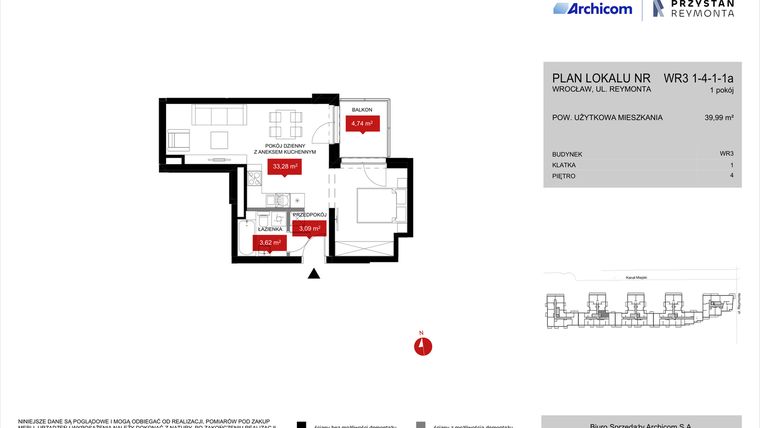 Rzut - Mieszkanie na sprzedaż 1 pokój o powierzchni 39,99 m² - numer WR3 1/4/1/1a w Przystań Reymonta etap II