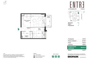 Rzut - Mieszkanie na sprzedaż 2 pokoje o powierzchni 38,2 m² - numer 116-M11 w Entre