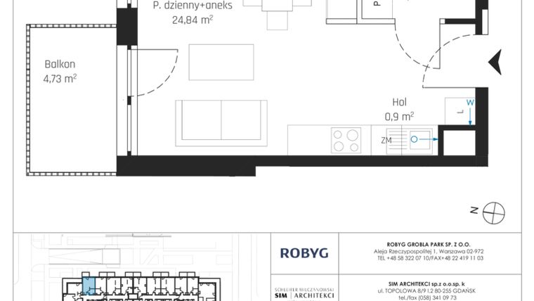 Rzut - Mieszkanie na sprzedaż 1 pokój o powierzchni 29,85 m² - numer J.2M12 w Nadmotławie Apartments etap J