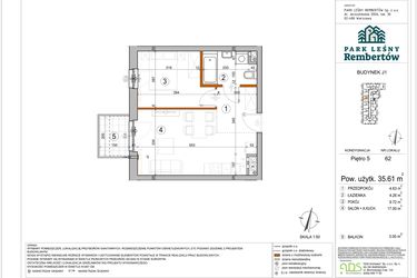 Rzut - Mieszkanie na sprzedaż 2 pokoje o powierzchni 35,61 m² - numer J1-62 w Park Leśny Rembertów etap VIII