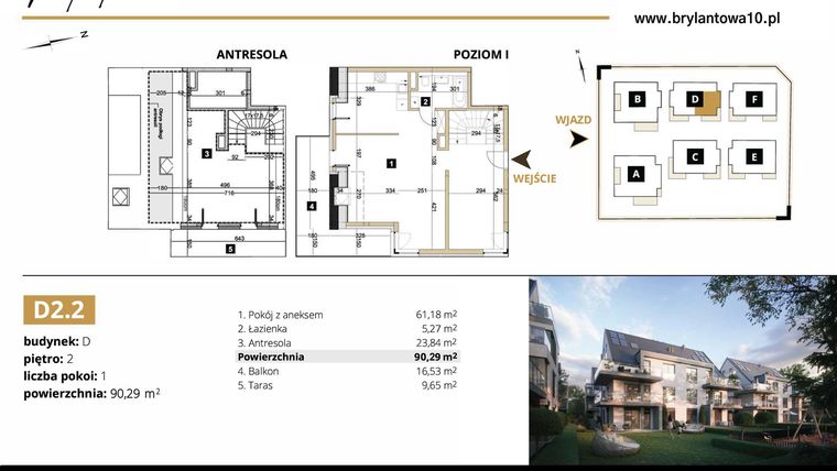 Rzut - Mieszkanie na sprzedaż 1 pokój o powierzchni 90,29 m² - numer D2.2 w Brylantowa 10