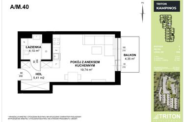 Rzut - Mieszkanie na sprzedaż 1 pokój o powierzchni 29,25 m² - numer A_M40 w Triton Kampinos III