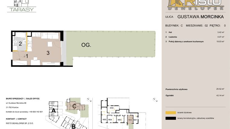 Rzut - Mieszkanie na sprzedaż 1 pokój o powierzchni 25,52 m² - numer C2 w Krzesławickie Tarasy